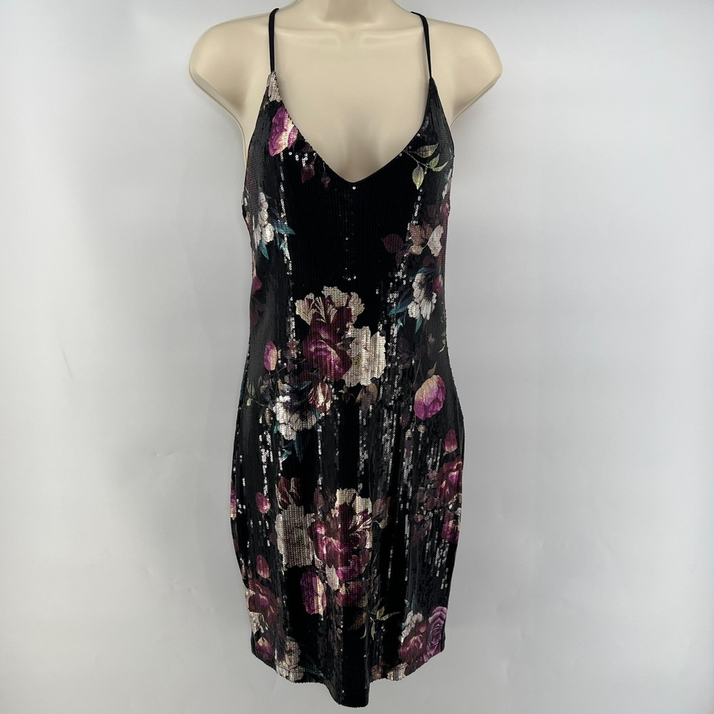 Floral Sequin Mini Dress XS? Black Moody Bodycon Sparkle Cocktail Night Out NWT